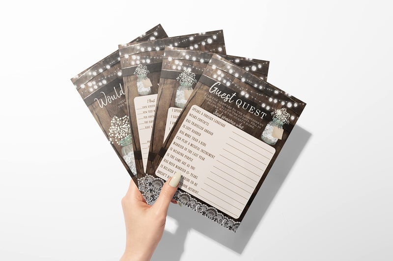 Your Main Event Prints Bridal Shower Bachelorette Games, Rustic Wood Barrel Mason Jar, He Said She Said, Find The Guest Quest, Would She Rather, Phone Game, 25 games each - Image 3